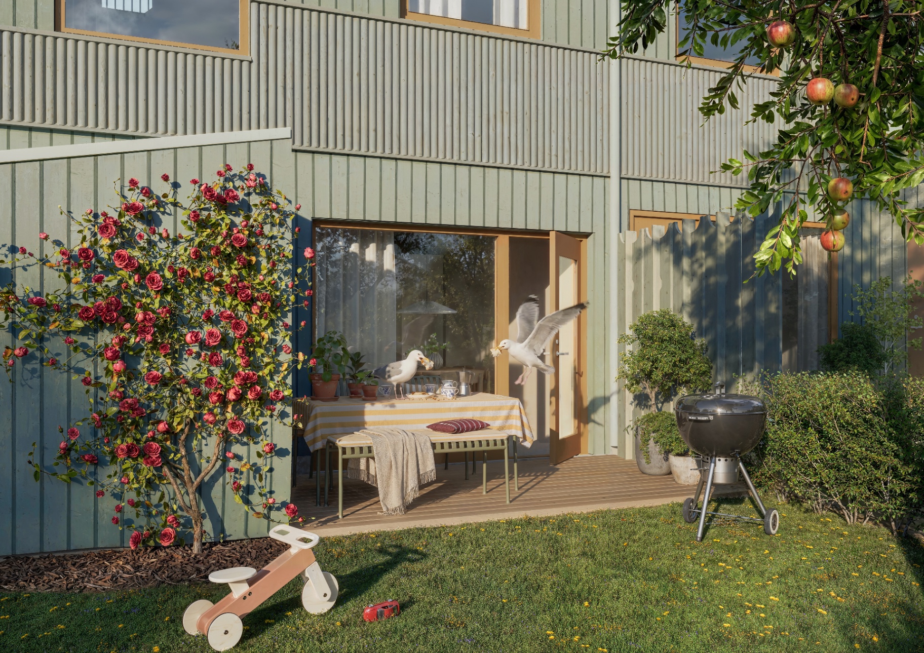Solbänken trädgårdssida med dukat bord, grill och måsar som snor maten